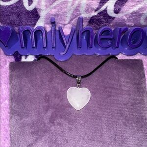 Frosted Polished Stone Crystal Heart Pendant with Faux Leather Necklace